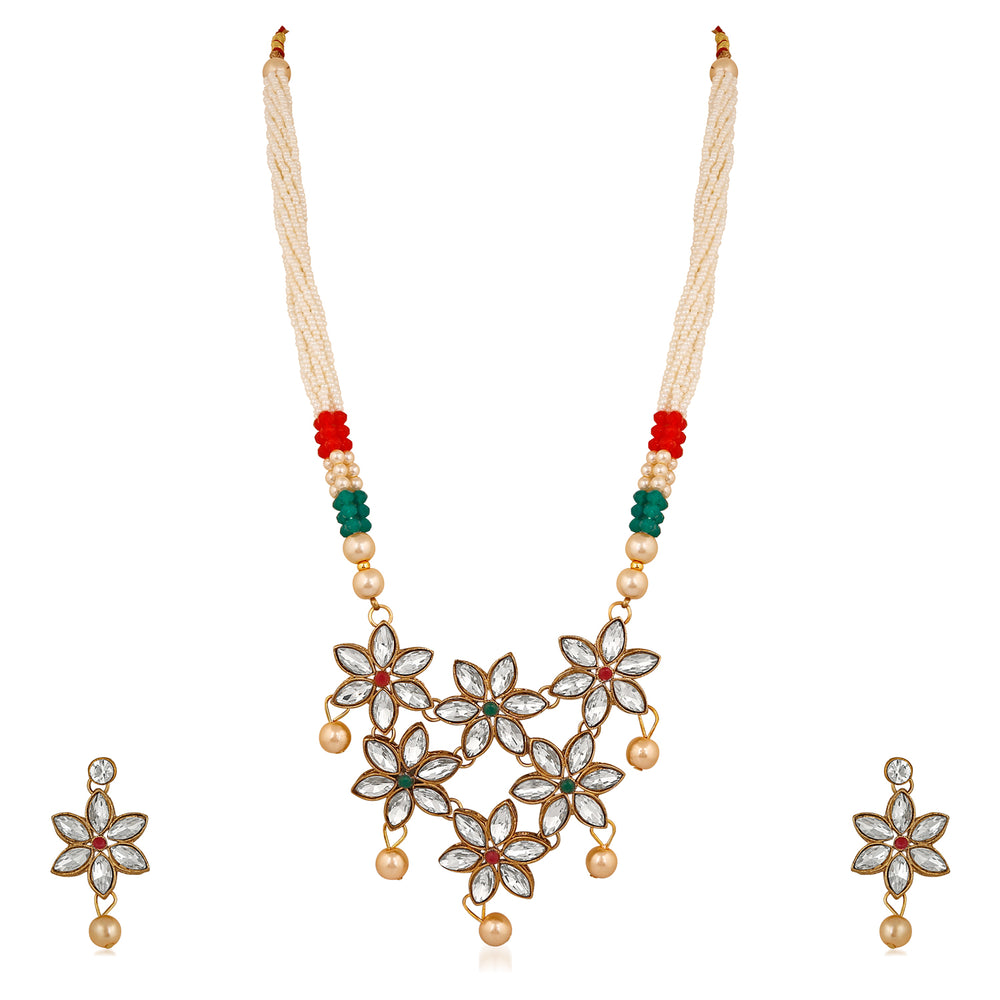 Floral Design Ethnic Necklace Set with Kundan and Artifical Pearl