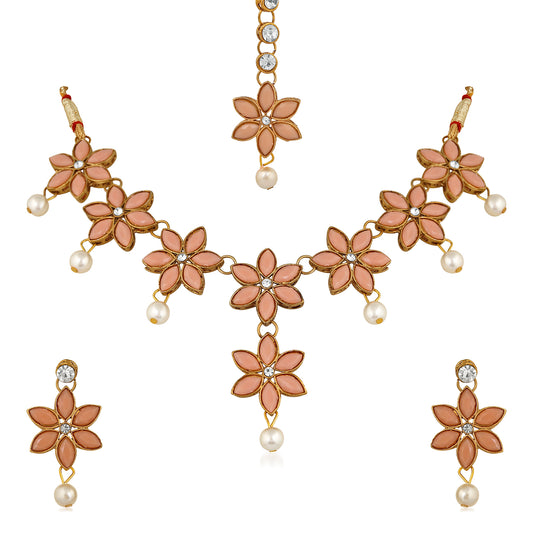 Floral Design Necklace Set with Kundan and Artifical Pear