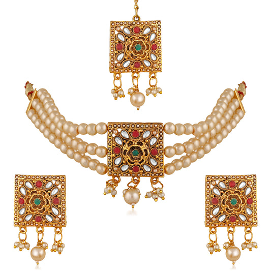 Traditional Choker Necklace Jewellery Set with Kundan and Artificial Pearl