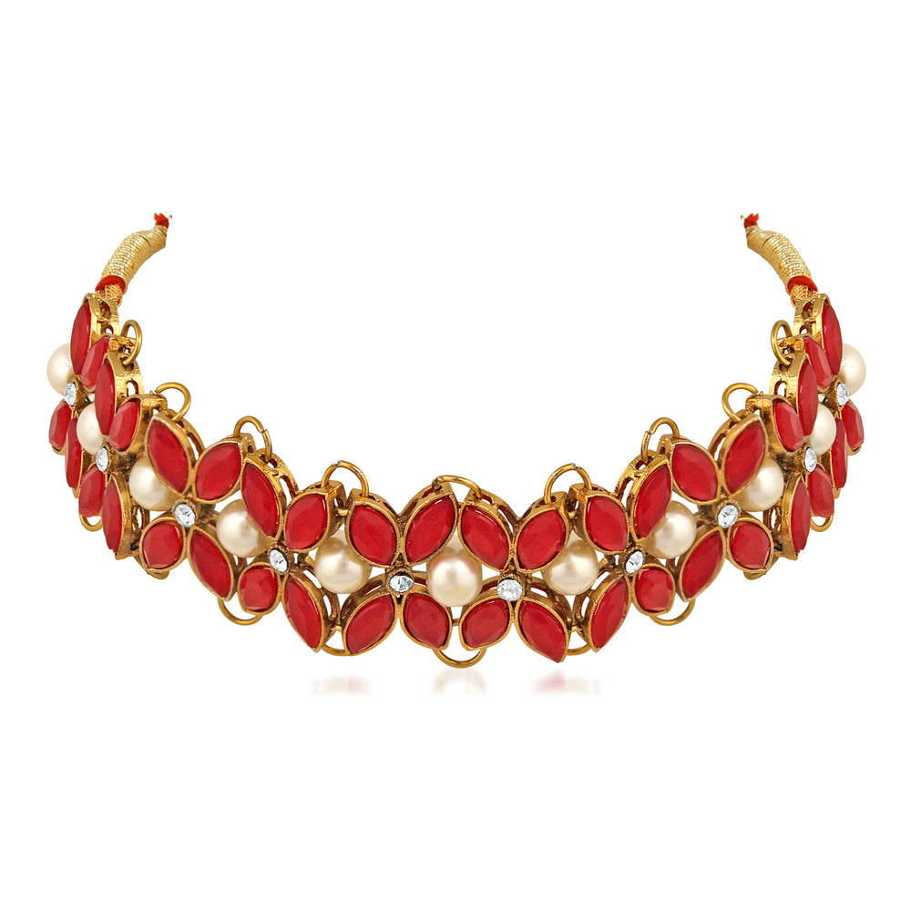 Floral Traditional Choker Necklace Set with Jewellery Kundan and Artificial Pearl