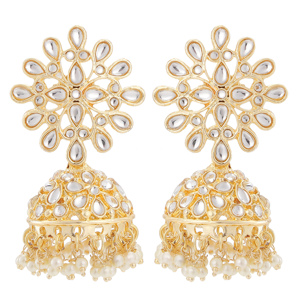 Traditional Ethnic White Kundan Floral Jhumka Earrings
