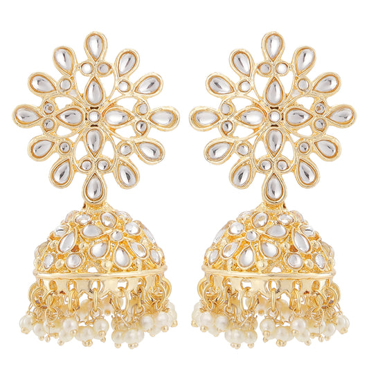 Traditional Ethnic White Kundan Floral Jhumka Earrings