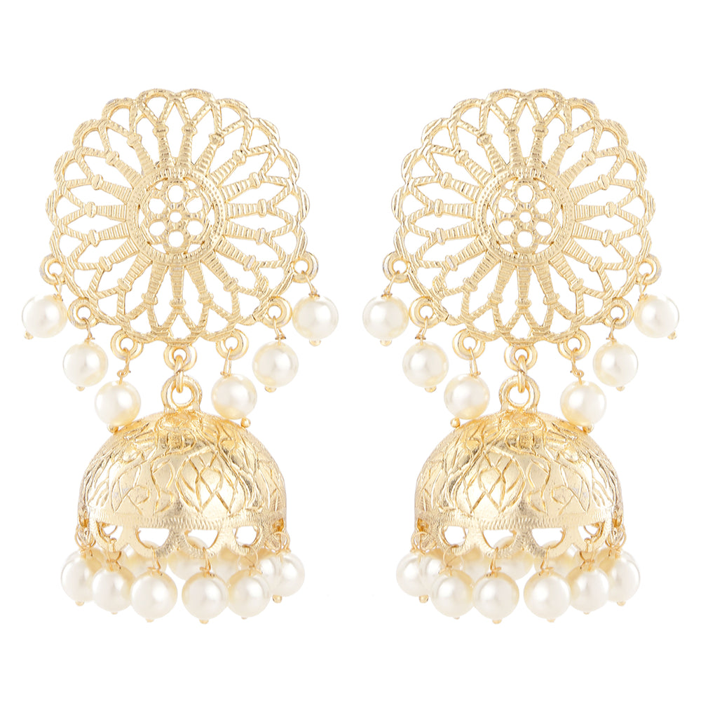 Traditional Ethnic White Kundan Floral Jhumka Earrings
