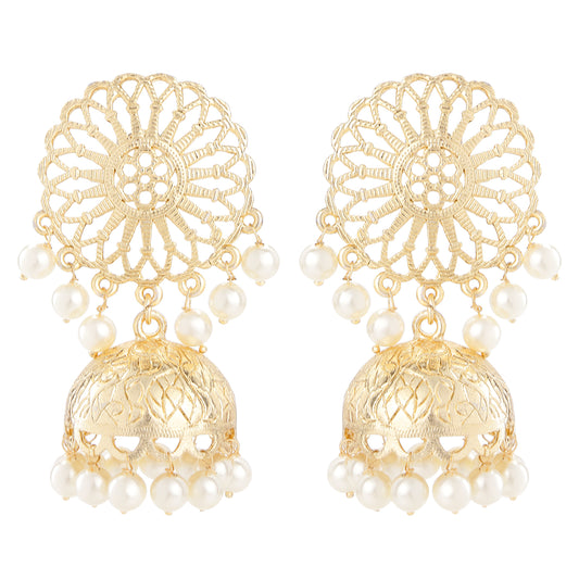 Traditional Ethnic White Kundan Floral Jhumka Earrings