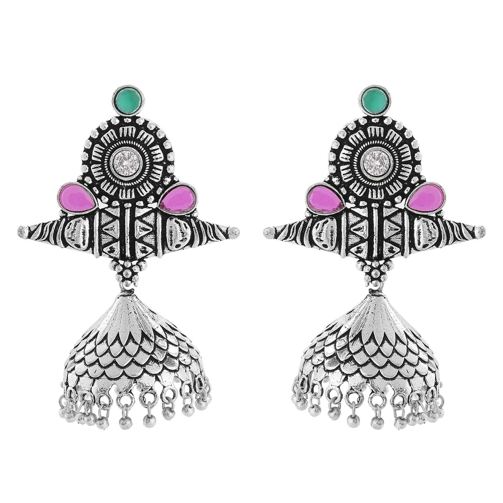 Traditional Oxidised Pink and Green Kundan Jhumki Earrings