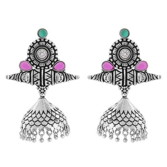 Traditional Oxidised Pink and Green Kundan Jhumki Earrings