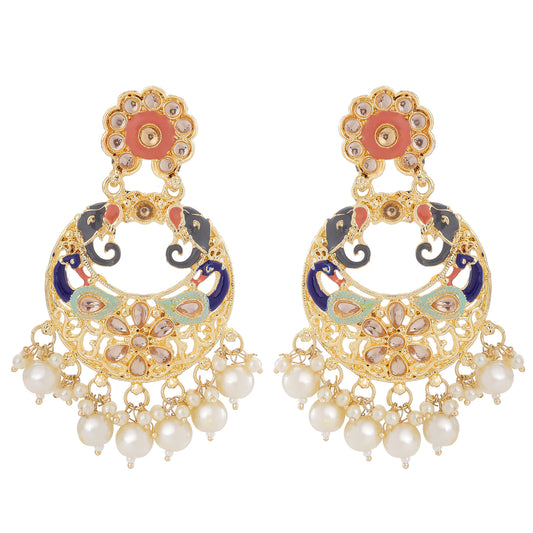 Meenakari Work Enamelled Elephant Face Shaped Artificial Pearl Dangler Earrings