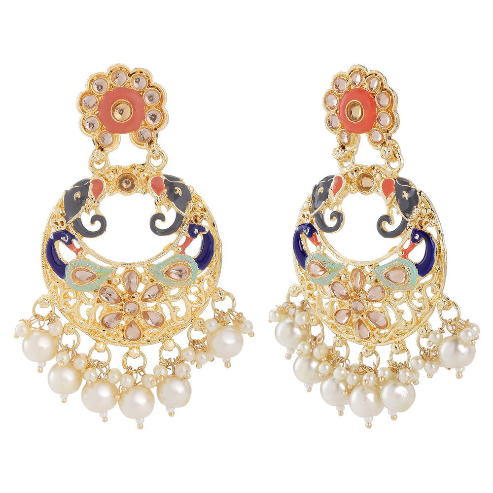 Meenakari Work Enamelled Elephant Face Shaped Artificial Pearl Dangler Earrings