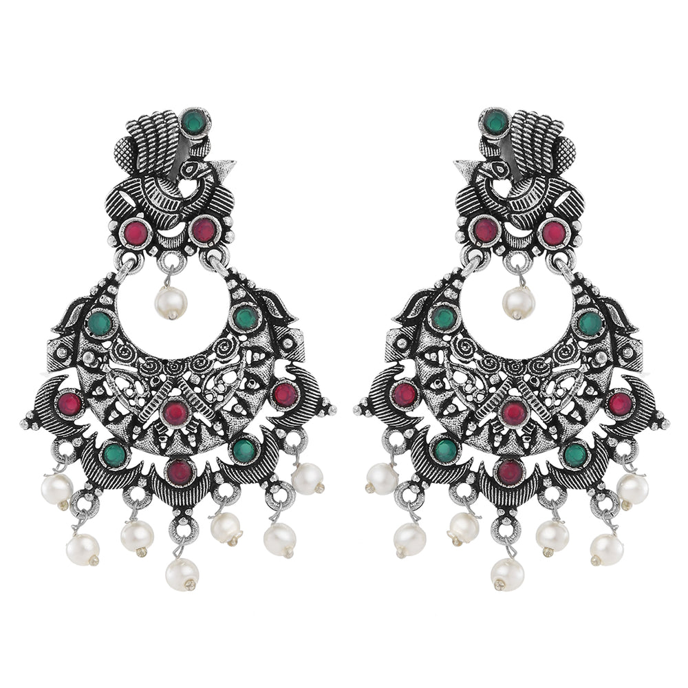Oxidised Peacock Face Shaped Red and Green Kundan Dangler Earrings