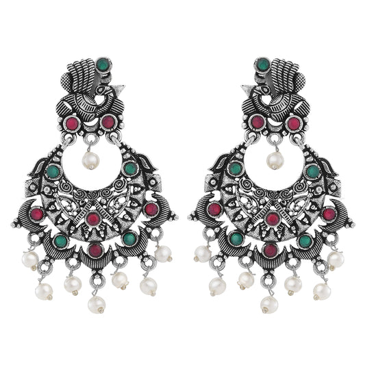Oxidised Peacock Face Shaped Red and Green Kundan Dangler Earrings
