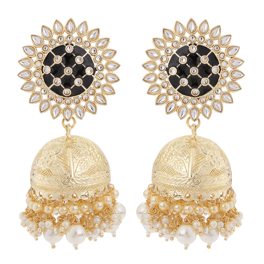 Meenakari Work Enamelled Floral Jumki Earrings with Kundan and Artificial Pearls