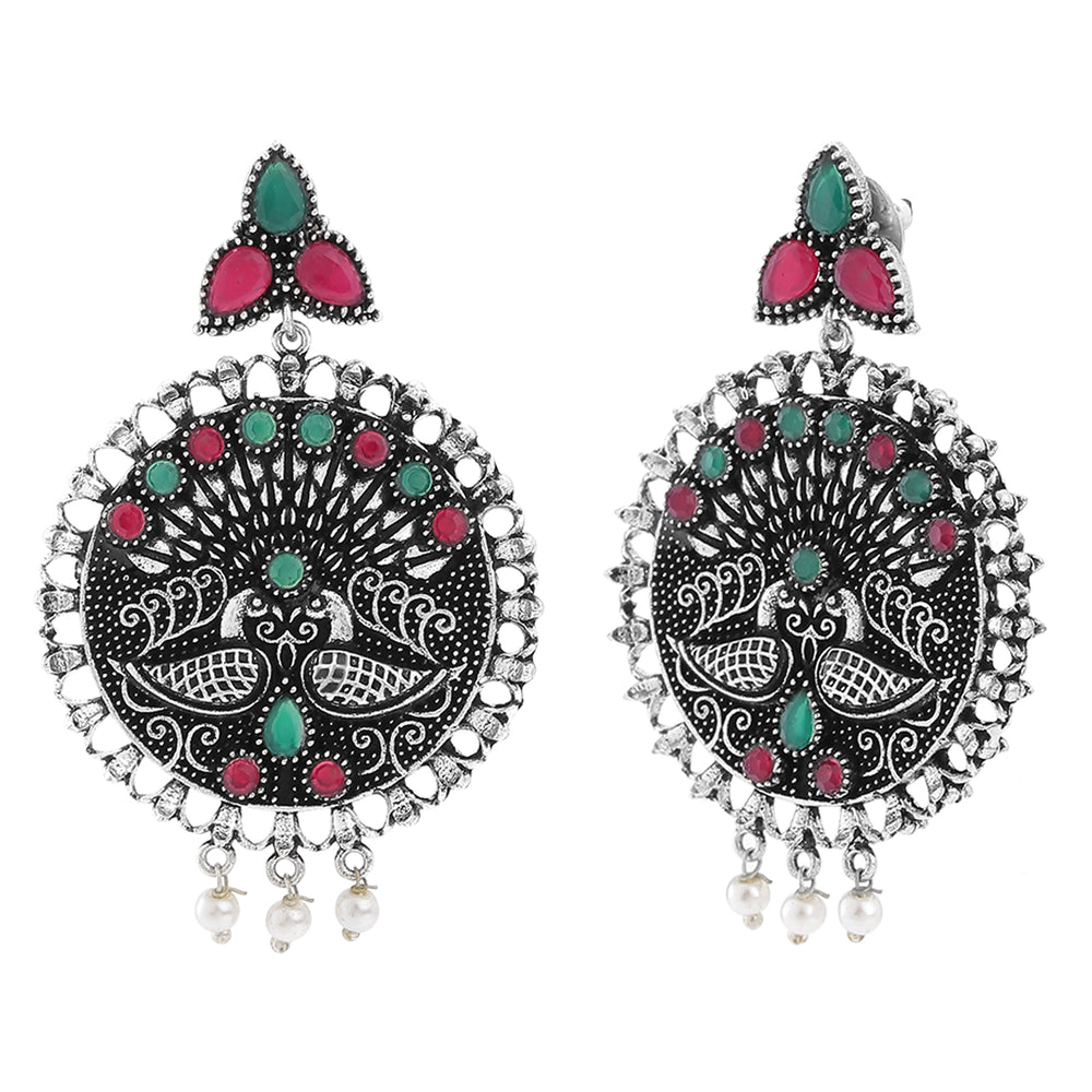 Oxidised Peacock Face Shaped Red and Green Kundan Dangler Earrings
