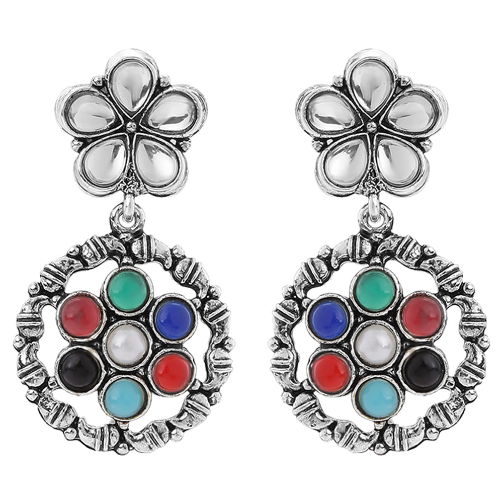 Oxidised Finish Multicolored Kundan Floral Dangler Earrings
