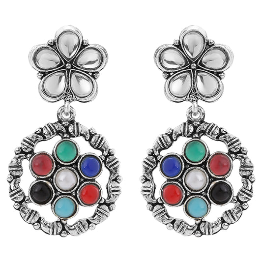 Oxidised Finish Multicolored Kundan Floral Dangler Earrings