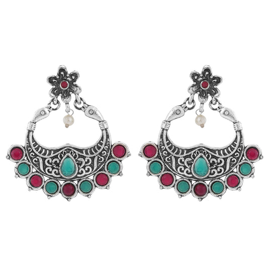 Oxidised Peacock Face Shaped Red and Green Kundan Floral Dangler Earrings