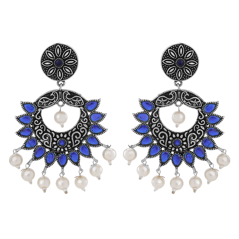 Oxidised Peacock Face Shaped Blue Kundan and Meena Work Dangler Earrings