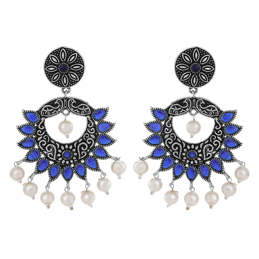Oxidised Peacock Face Shaped Blue Kundan and Meena Work Dangler Earrings