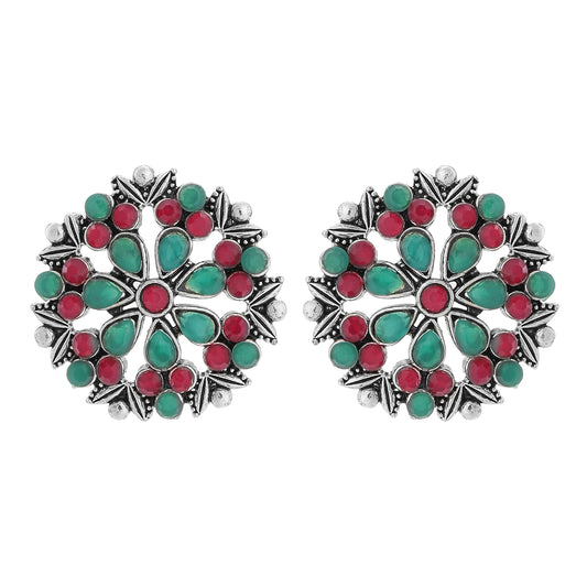 Oxidised Peacock Red and Green Kundan Floral Stud Earrings