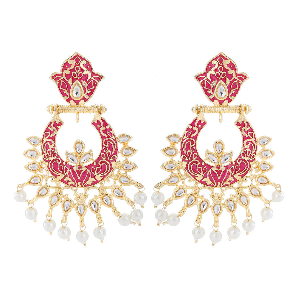 Gold Tone Pink Meenakari Work Chandbali Dangler Earrings