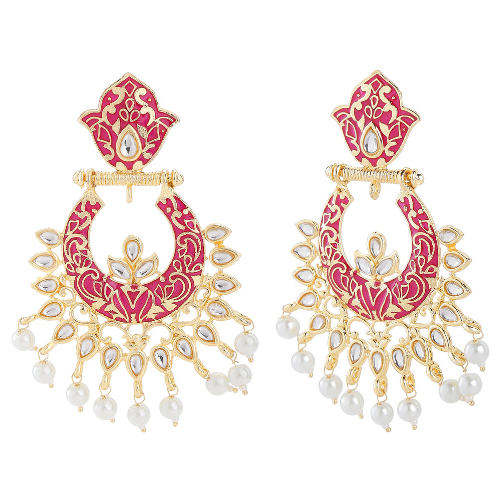 Gold Tone Pink Meenakari Work Chandbali Dangler Earrings