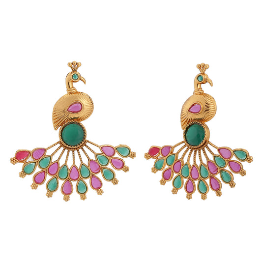 Rose Gold Plated Traditional Peacock Shaped Kundan Earring