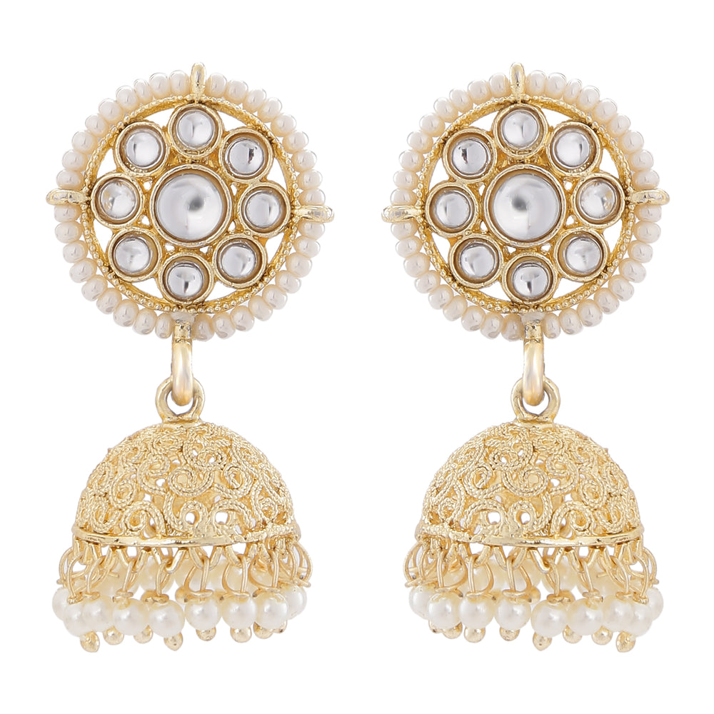 Gold Tone Kundan and Artificial Pearl Floral Jhumki Earring