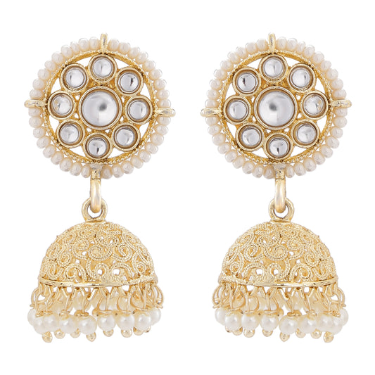 Gold Tone Kundan and Artificial Pearl Floral Jhumki Earring