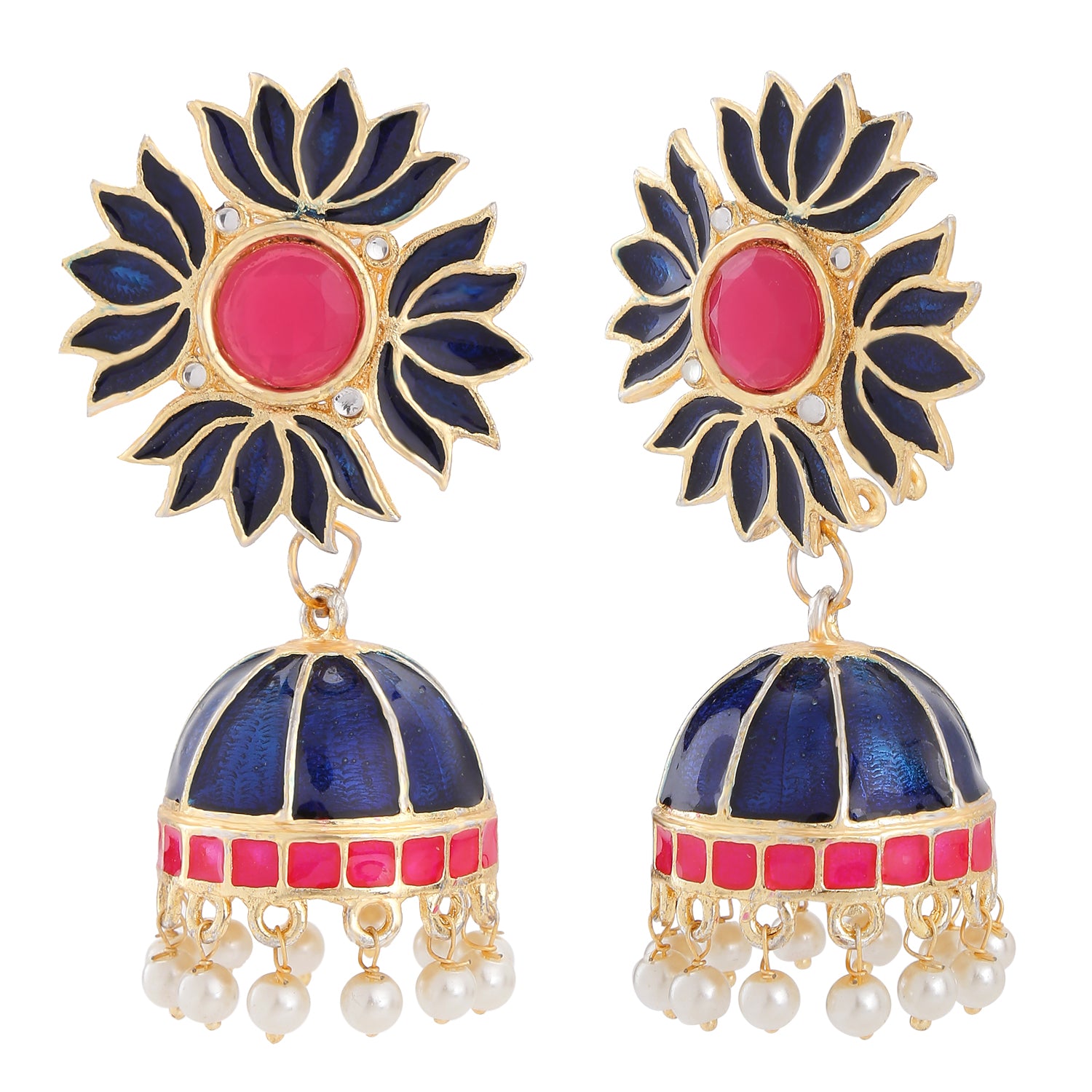 Blue and Pink Meena Work Lotus Flower Shaped Traditional Jhumki Earrings