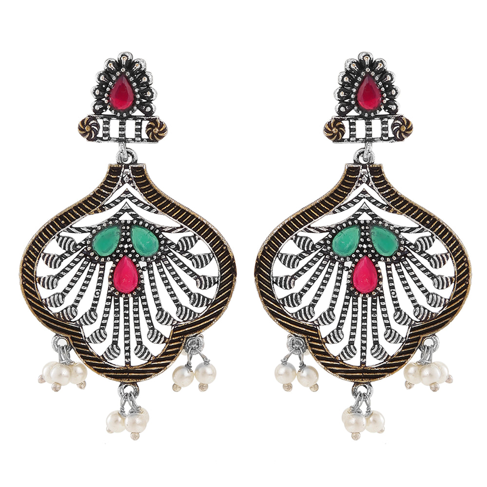 Oxidised Finish Red and Green Kundan Dangler Earrings