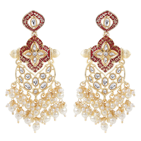 Red Meena Work Floral Dangler Earrings with Kundan and Artificial Pearls