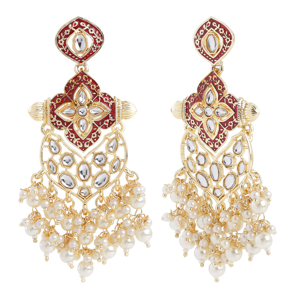 Red Meena Work Floral Dangler Earrings with Kundan and Artificial Pearls