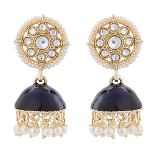 Blue Meena Work Jhumka Earrings with Kundan and Artificial Pearl