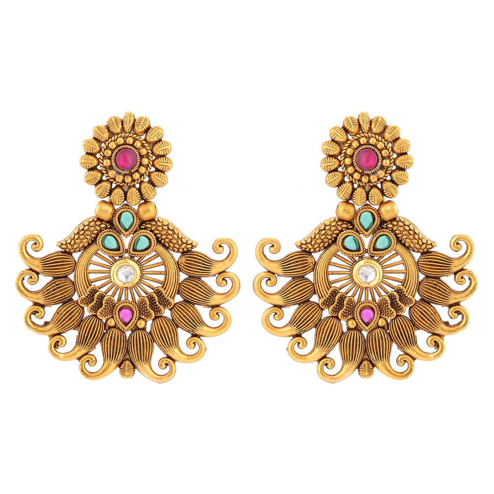 Gold Tone Traditional Dangler Earrings with Multicolor Kundan
