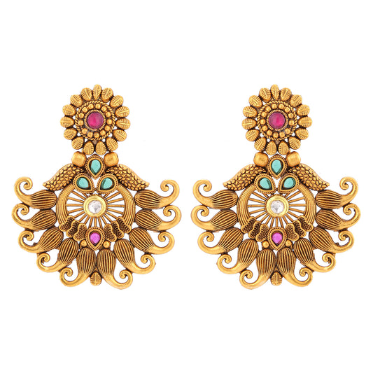 Gold Tone Traditional Dangler Earrings with Multicolor Kundan