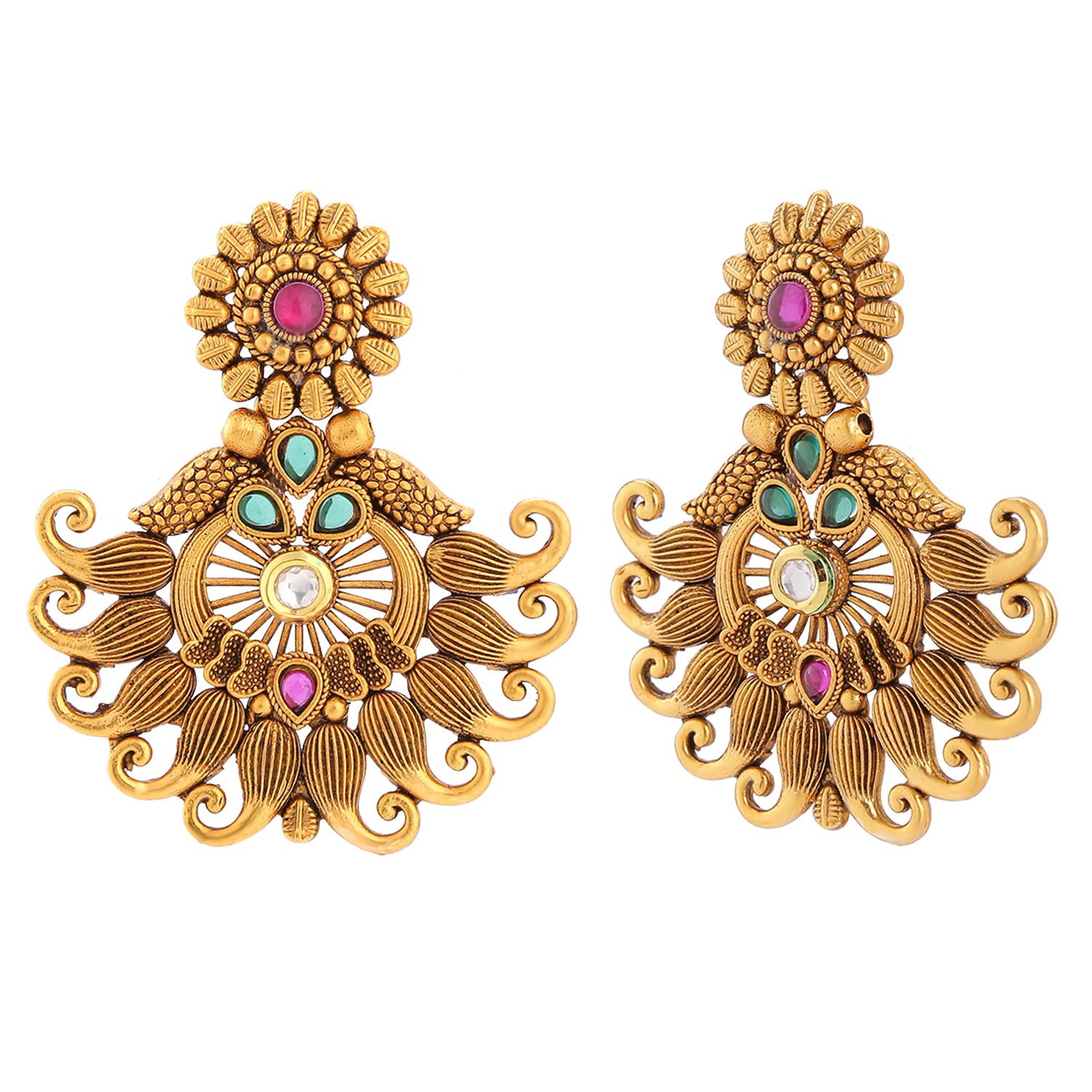 Gold Tone Traditional Dangler Earrings with Multicolor Kundan