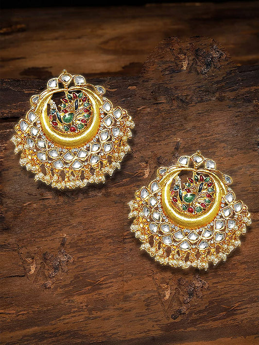 Gold Plated Kundan Peacock Shaped Dangle Earrings