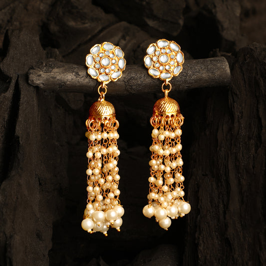 Gold Plated Kundan Tassel Dangle Earrings