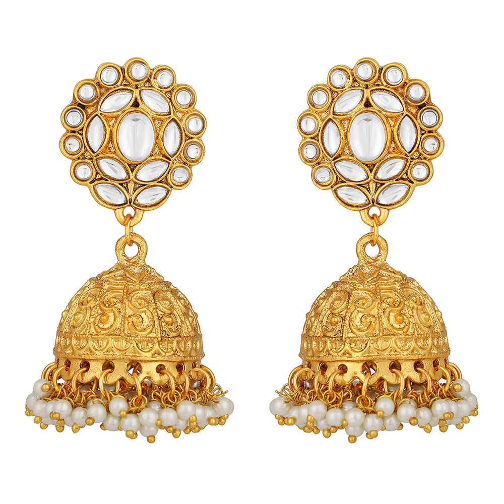 Ethnic Gold Plated Jhumki Earrings with White Kundan