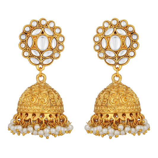 Ethnic Gold Plated Jhumki Earrings with White Kundan