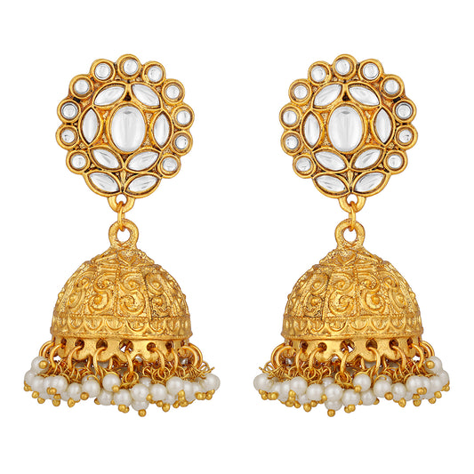 Ethnic Gold Plated Jhumki Earrings with White Kundan