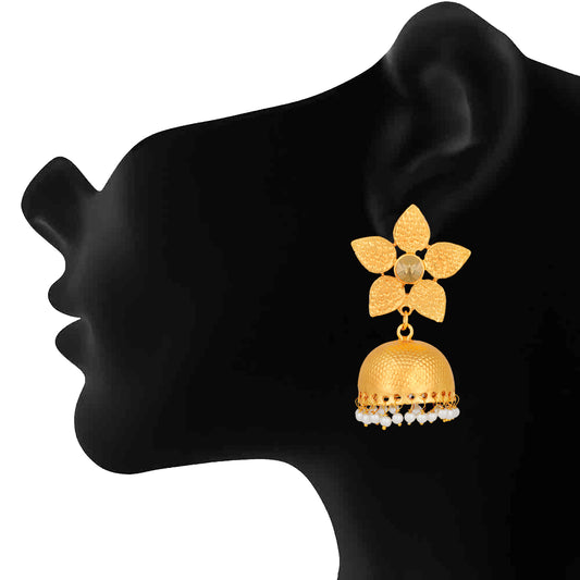 Floral Shape Gold Plated Jhumki Earrings with Kundan