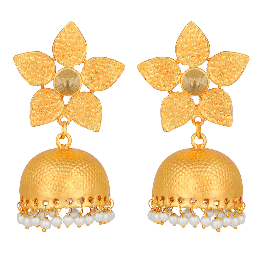 Floral Shape Gold Plated Jhumki Earrings with Kundan