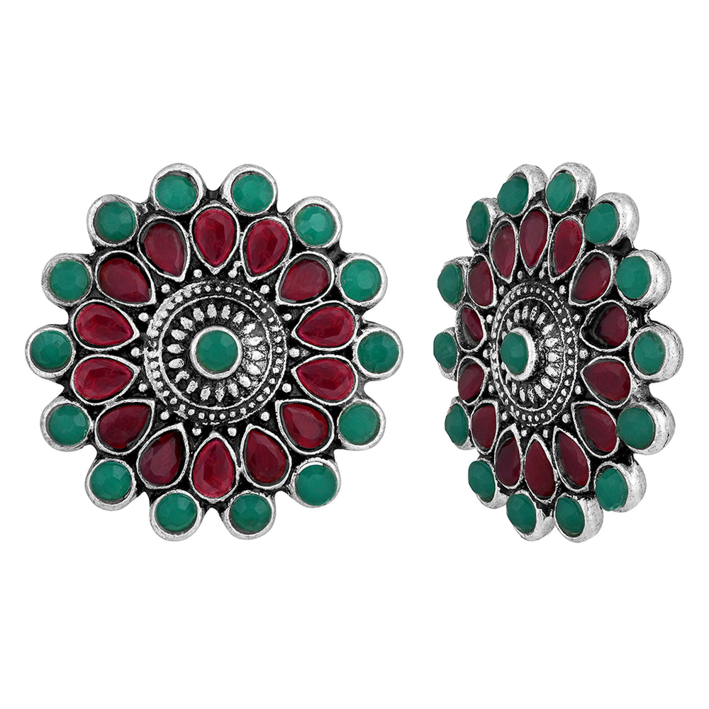 Gold Plated Ruby & Green Floral Traditional Stud Earrings