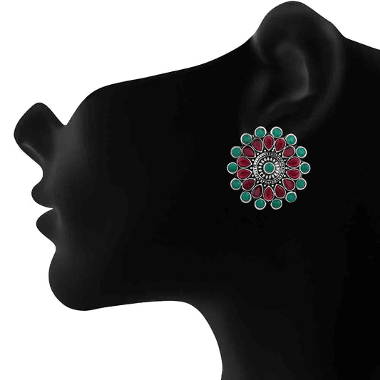Gold Plated Ruby & Green Floral Traditional Stud Earrings