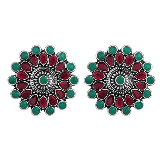 Gold Plated Ruby & Green Floral Traditional Stud Earrings
