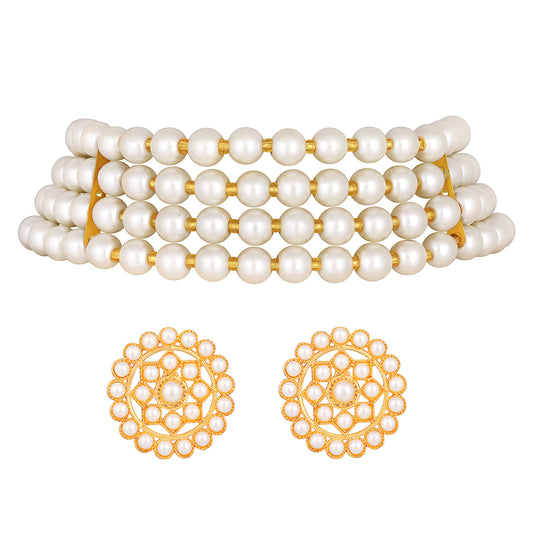Gold Plated White Pearl Choker Necklace Set
