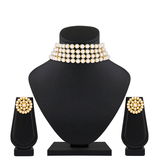 Gold Plated White Pearl Choker Necklace Set