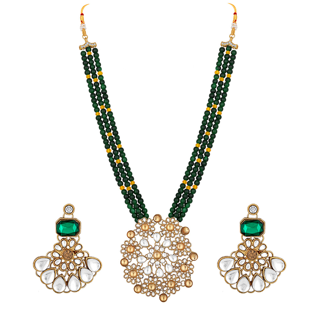 Gold Plated Multi Strand Green Necklace Set