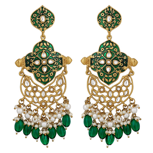 Green & White Kundan Meenakari Work Dangle Earrings