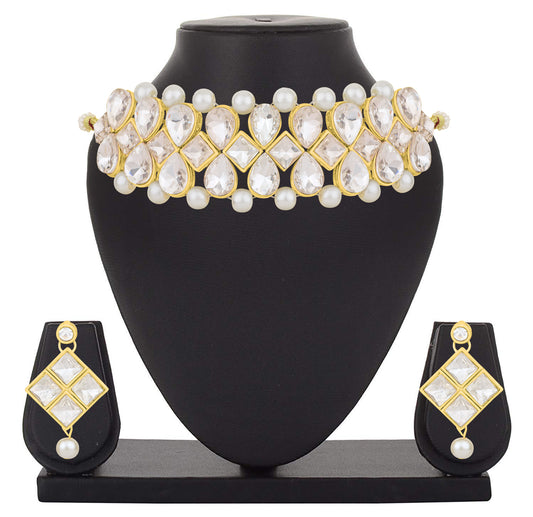 Gold Plated White Kundan Choker Necklace Set